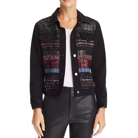 Ramy Brook | Landon Tweed Paneled Mixed Media Denim Jacket Size Large - Picture 1 of 8